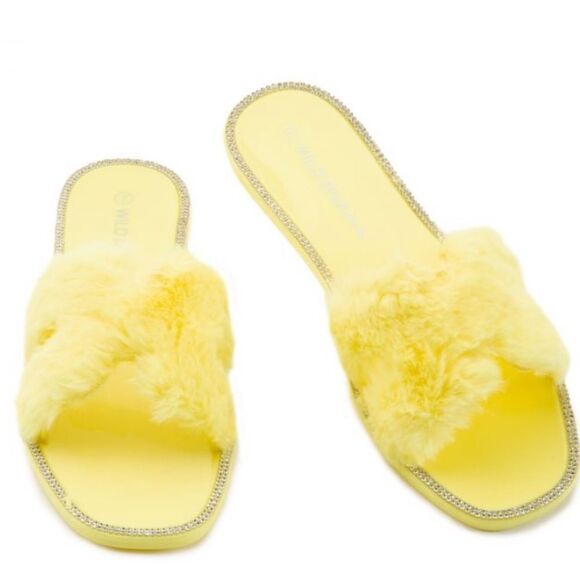 Yellow Faux Fur Sandals - Picture 1 of 5